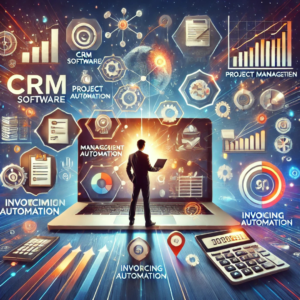 Image illustrant les outils indispensables pour scaler une entreprise. Elle représente un environnement dynamique avec des écrans affichant des solutions comme le CRM, la gestion de projet et l'automatisation.